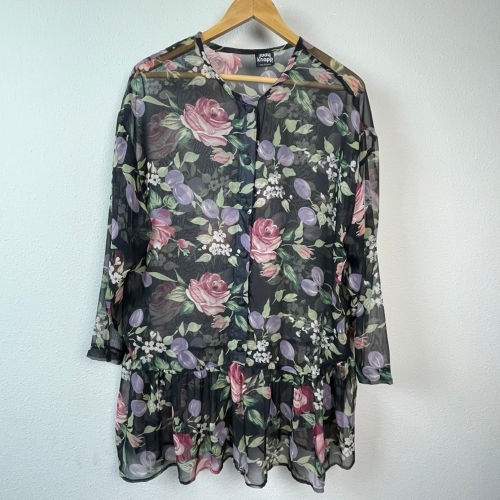 Judy‎ Knapp Floral Sheer Tunic Womens L Black Pink Rose Peplum Vintage 90s Boho